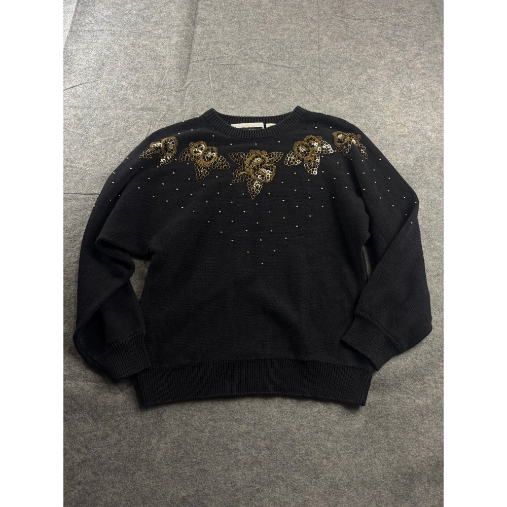 Dana Scott VTG Black Sequin Floral Studded Knit Sweater Womens S Holiday Festive